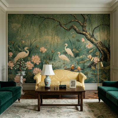 Décoration murale amovible Lotus Pond Willow Tree Egrets