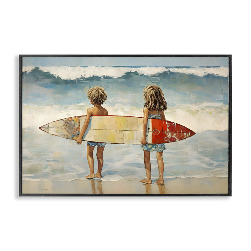 «Kids with Surf Waves», estampe numérique par Petal Prints Design, Giclée encadrée noir minuit, H 12 po x l 18 po