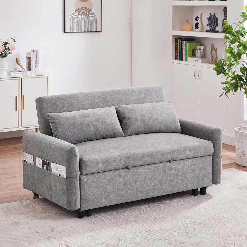 Canapé-lit de 55,1 po avec canapé-lit et dossier rabattable, poches de rangement, 2 coussins moelleux, ports USB, Gris