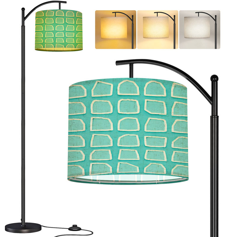  Arc Floor Lamp Abstract Hand Drawn White Square Teal Minimal Geometric Design Tall Modern Standing Lamp LED Adjustable Linen Lampshade 3 Color Temperatures