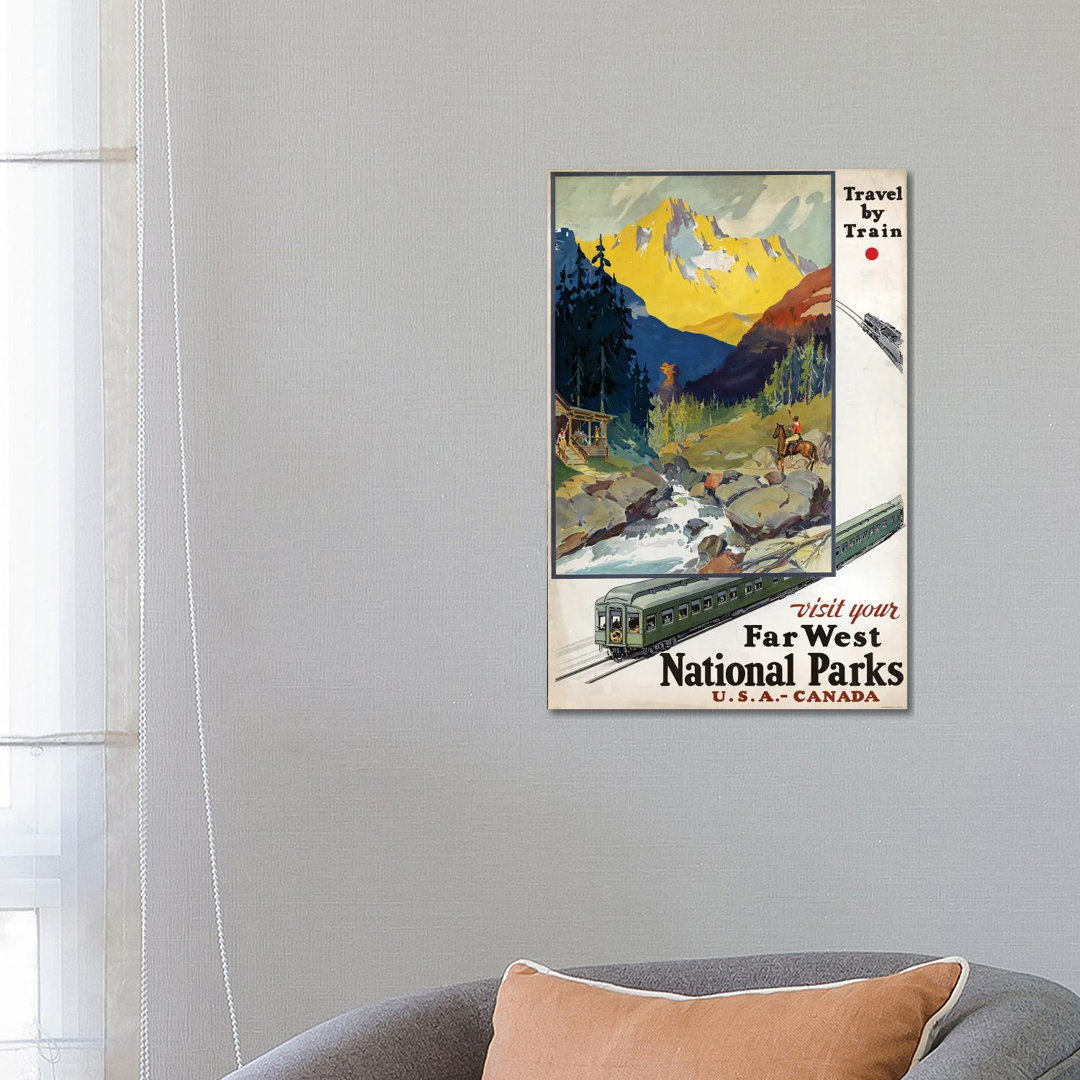 Vintage Travel Poster Advertising Travel By Train To Far West National Parks, Circa 1920 von Stocktrek Images - Gallery-...