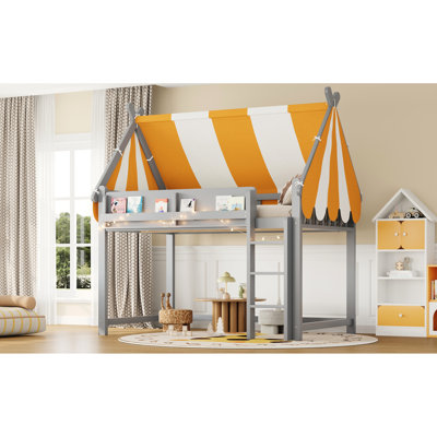 Gray Loft Bed With Canopy, Led String Lights, And Storage Shelf - Roomy Under For Different Purposes Front Bookshelf A Safe Entertaining