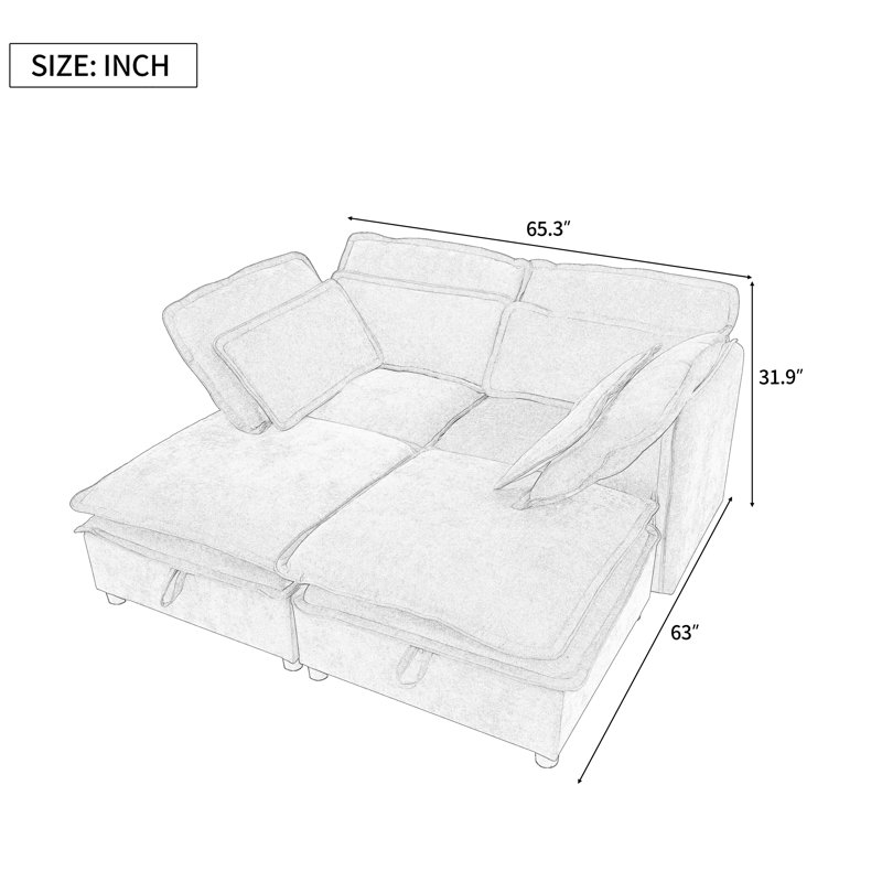 Canapé-lit modulaire convertible Elysara, H 32 po x l 65,3 po x P 63 po, Polyester gris