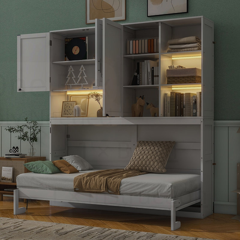 Lit escamotable mural avec armoire supérieure, tablettes, conception pliable peu encombrante avec lumière USB, idéale pour les petits appartements et les studios