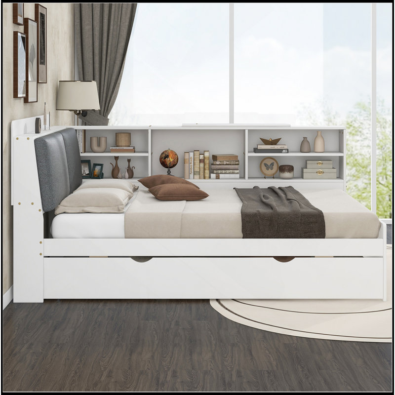 Lit plateforme en bois avec lit gigogne, tablettes et tête de lit, Complet/Double, Blanc