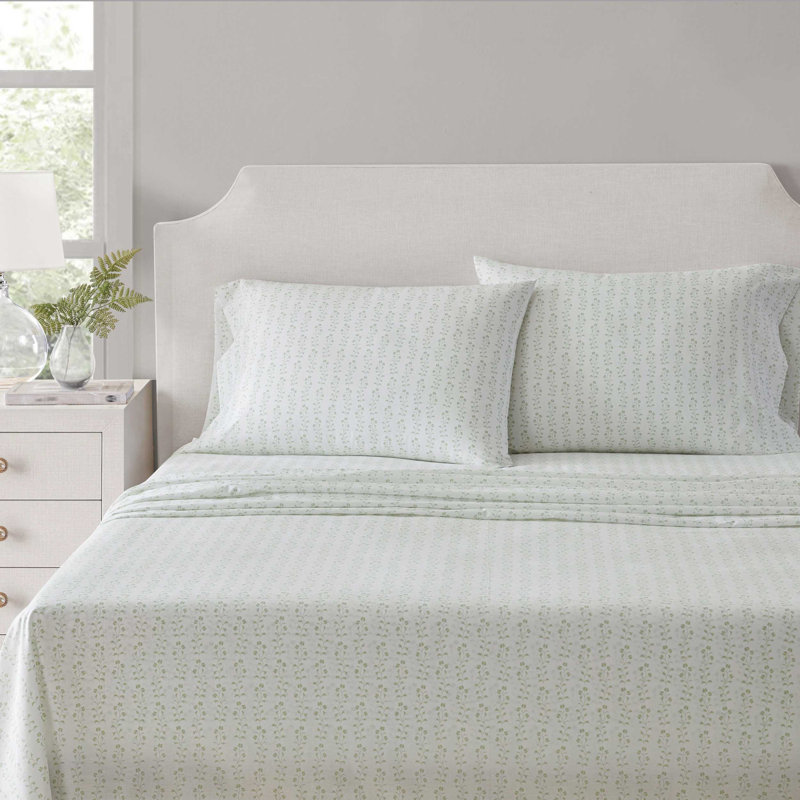 Martha Stewart Ditsy Vine Cotton Percale Green Sheet Set, King Sheet Set with 2 Pillowcases, Green Floral