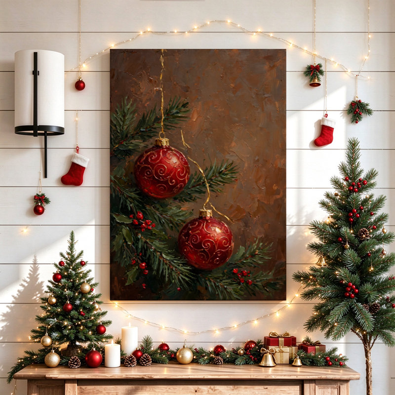 Décoration de Noël sur branches de pin vert, art mural sur toile, 16 x 24 po, H 30 po x l 20 po, Ne s’applique pas