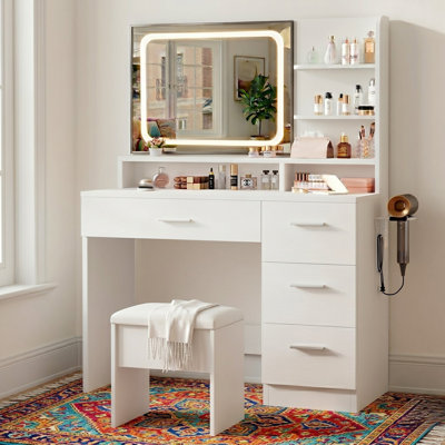 Bureau de coiffeuse blanc Boahaus Nina avec miroir à DEL, tiroirs et tabouret