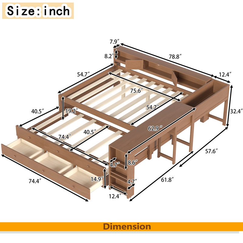 Daybed With Trundle,Wood Daybed Frame With Storage Drawers,Side Shelves And Desk, Full, Brown