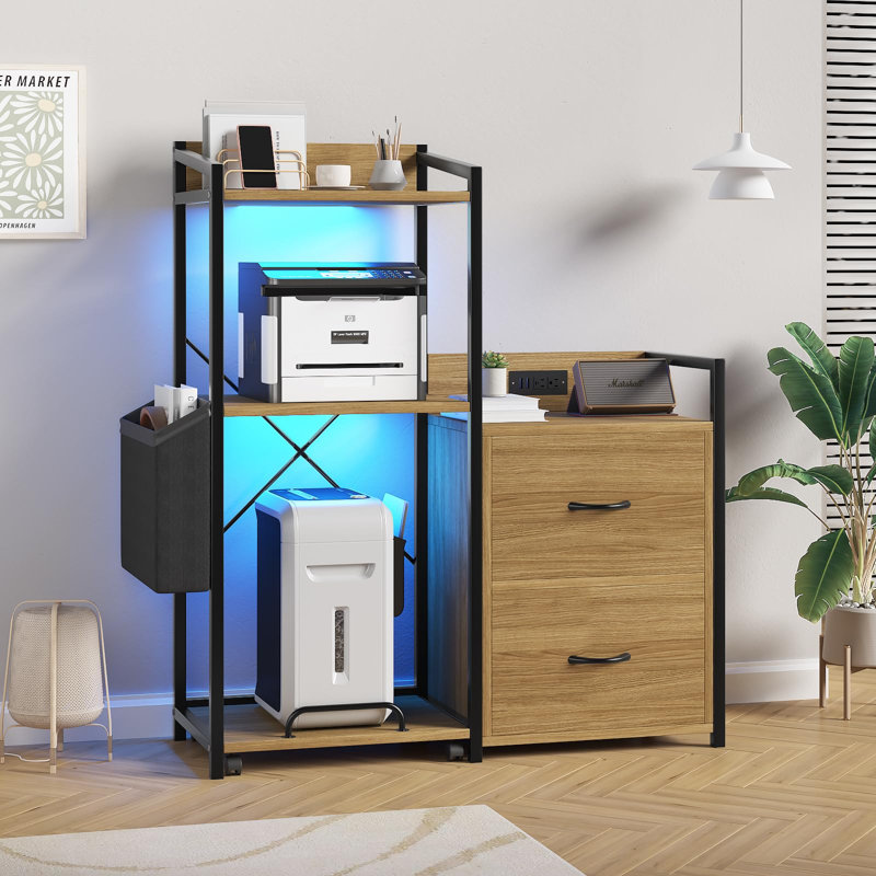 Industrial 38 Inch Suoma ancient wood Printer File Cabinet with Built-In Power Station & LED Lighting, Heavy Duty 2-Drawer Storage Stand with Open Shelf, Holds PC Tower, Shredder & Office Fax Machine