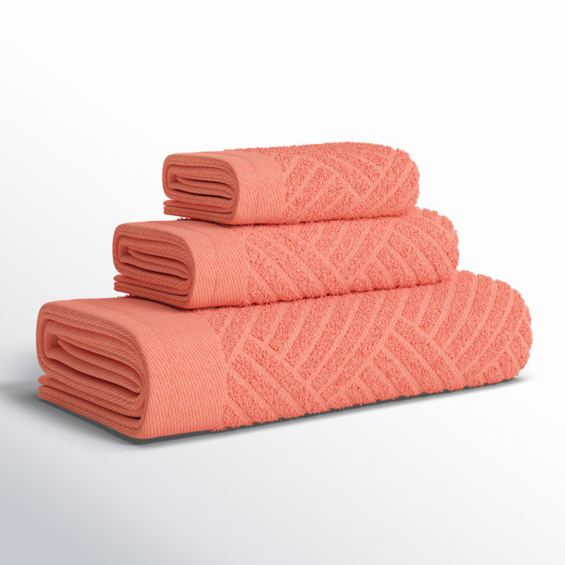 Ocilla Certified Egyptian Cotton Medium Weight Textured Soft Absorbent Jacquard 3 Piece Towel Set, Coral