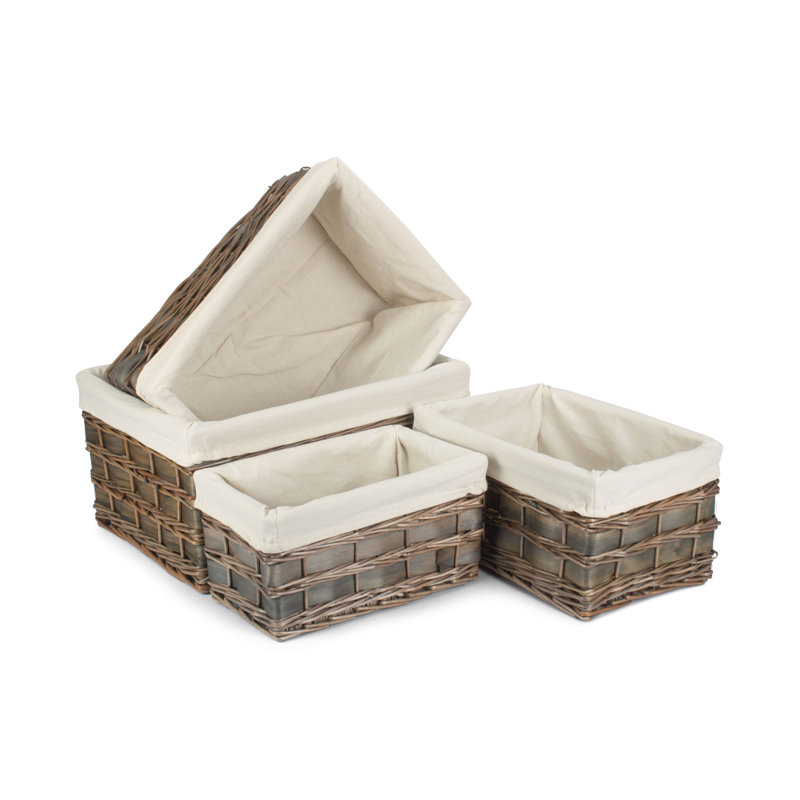 Wicker 4 Piece Lined Scandi Style Storage Basket Set, Grey