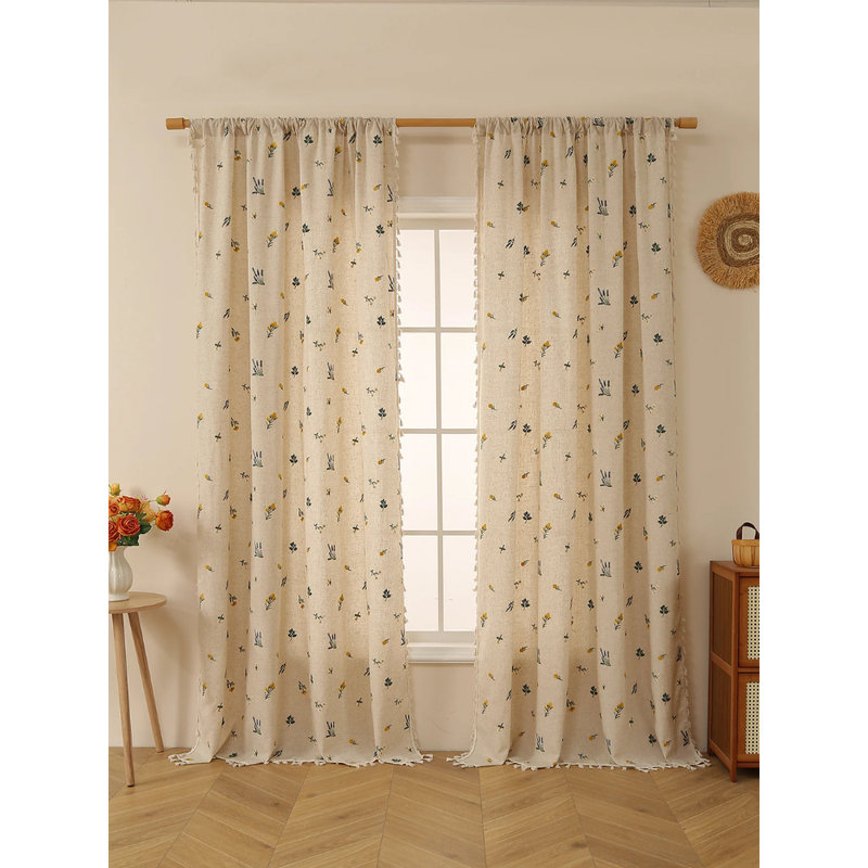 Panneau de rideau à franges brodées en lin beige - Rideau de fenêtre rustique, L 52 po x L 94,9 po