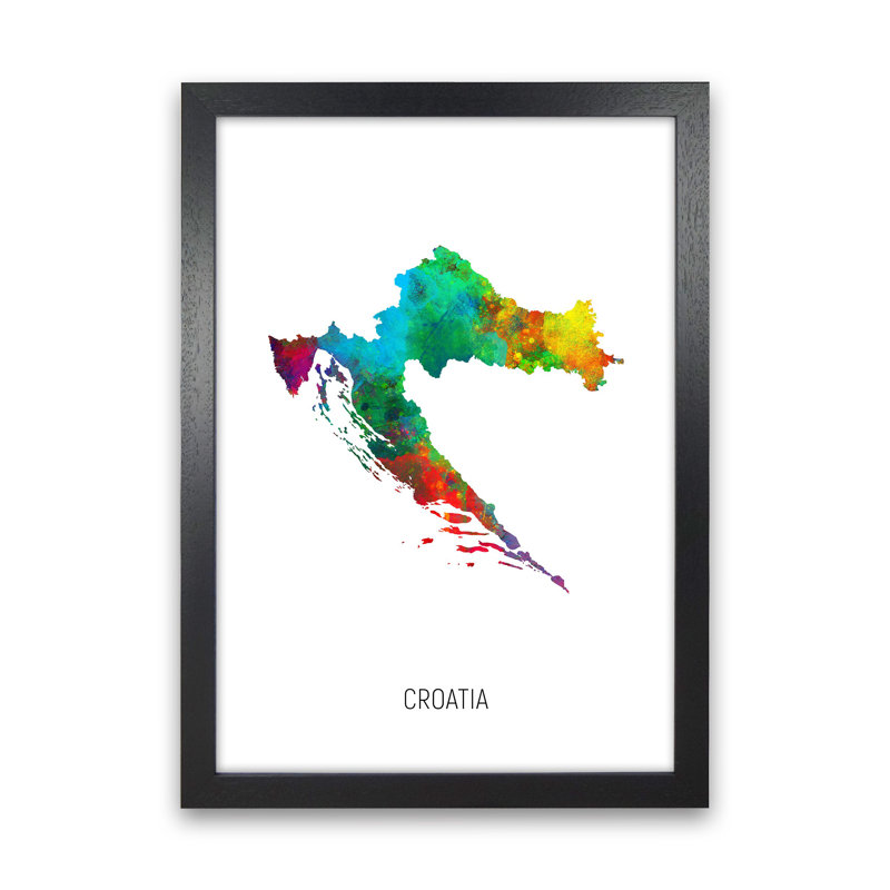 Croatia Watercolour Map by Michael Tompsett - Print, 46cm H x 34cm W x 3cm D, Black Framed