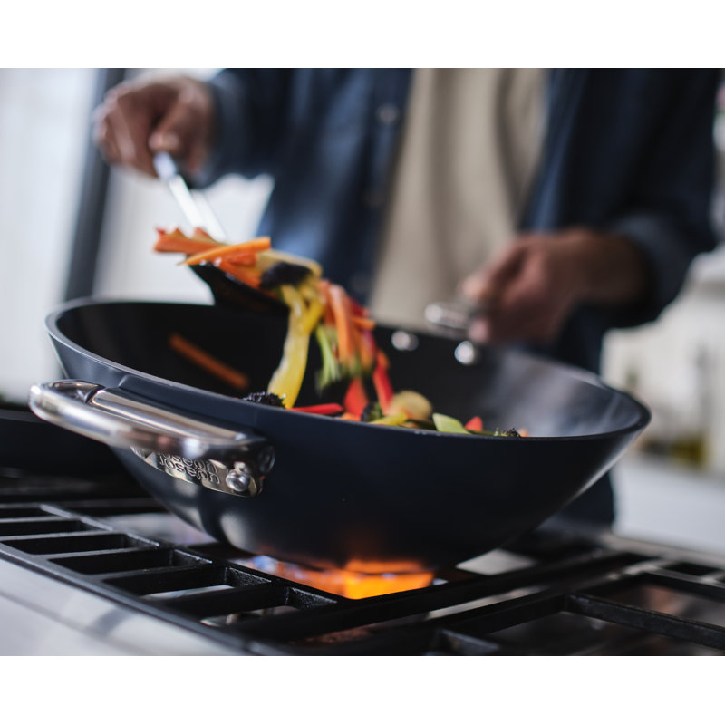 Navy Blue Ceramic Non-Stick 12.5" Wok with Folding Handle