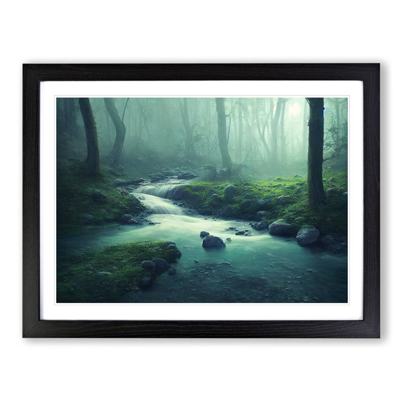 XH1022-6365X Mystical Forest Stream - Single Picture Frame Print, Black, 46cm H x 64cm W