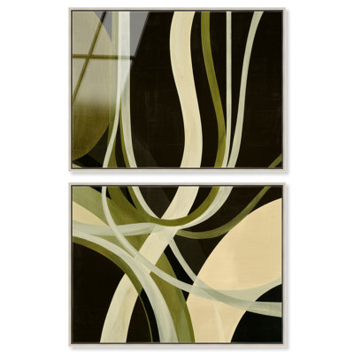 Ensemble d'art mural moderne bohème « Olive Ribbons I » par Art Remedy, impression acrylique encadrée, cadre argenté, 44 x 33