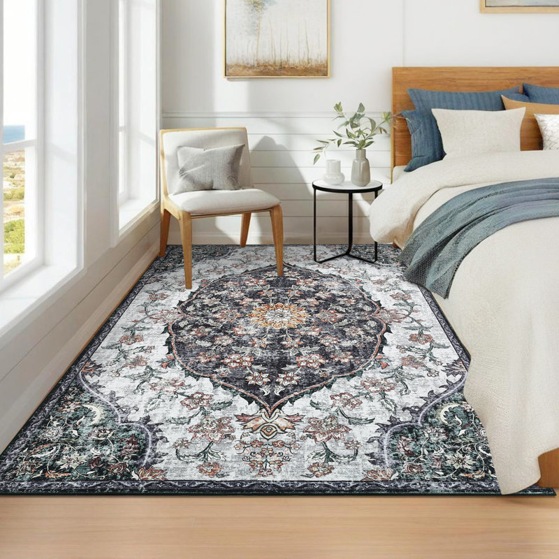 Tapis de chambre à coucher lavable à la machine Vintage, Rectangulaire 8 pi x 10 pi