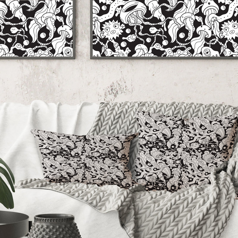 Deep Sea Monsters en noir et blanc - Coussin décoratif à motif, 16 po x 16 po