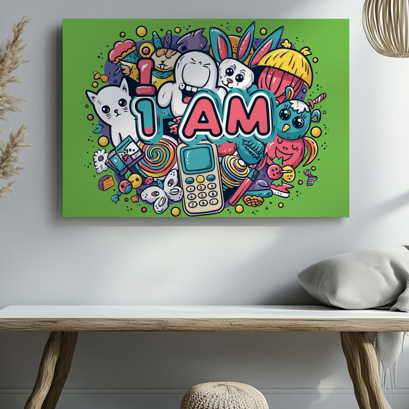 Reproduction d'art sur toile, "Collage éclectique" sur fond vert vif, H 9 po x l 12 po