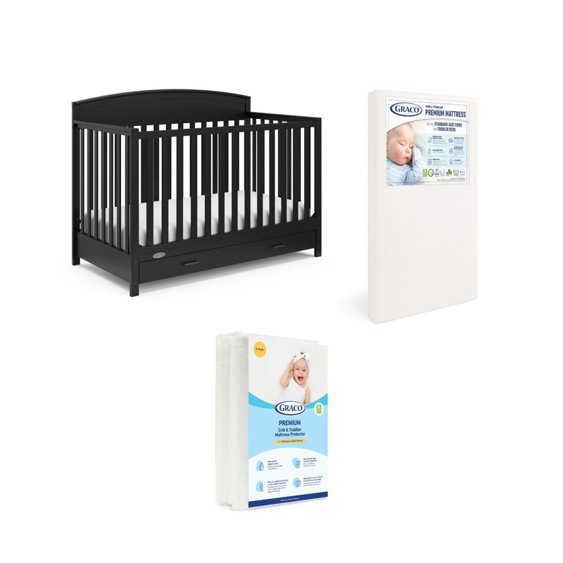 Lit de bébé convertible 5 en 1 avec tiroir Benton, Noir, Lit de bébé + matelas + protecteur