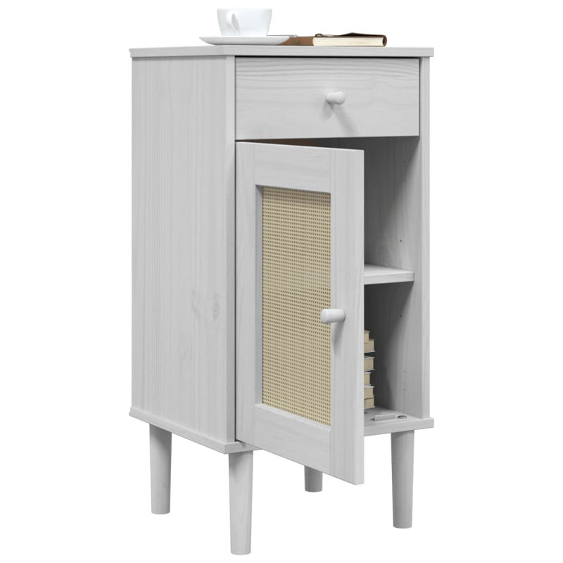 17 Stories Bedside Cabinet SENJA 40X35x80 Cm Solid Wood Pine Rattan Look, White 
