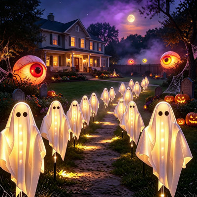 Lot de 3 guirlandes lumineuses solaires fantômes pour l'Halloween, 8 modes d'éclairage, pour décorer l'allée de jardin, le porche, la cour, la pelouse ou la fête.