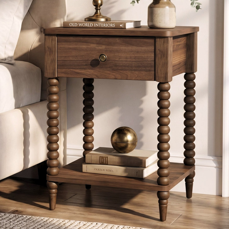 Table de chevet traditionnelle Whitby avec 1 tiroir, tablette de rangement inférieure et pieds tournés, noyer, Noyer