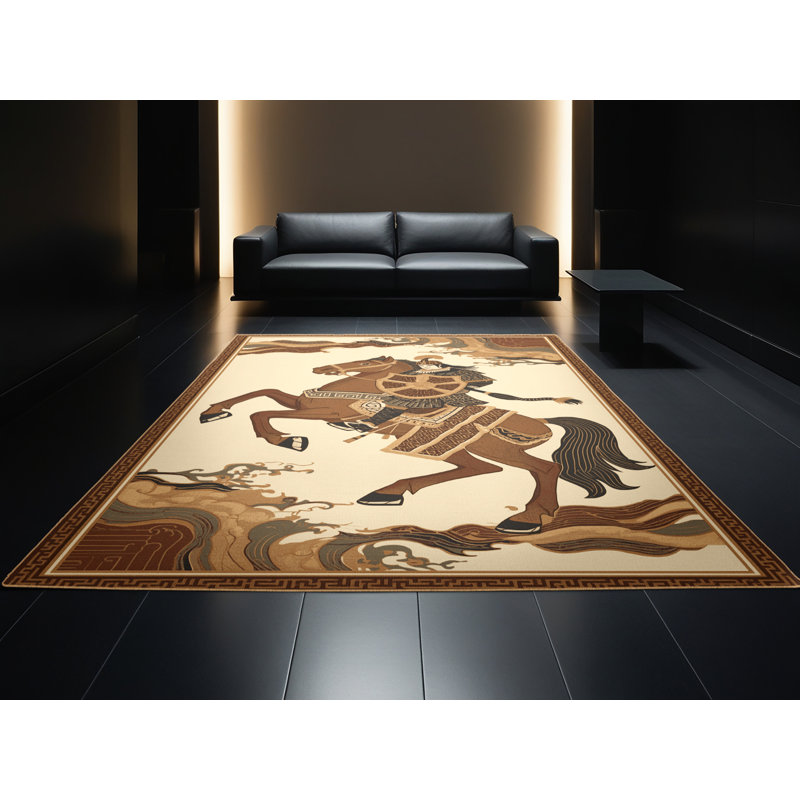 Soft Plush Dunmire Shielded Horseman Classic Oriental Area Rug in Brown – LightBrown Binding, 7x9