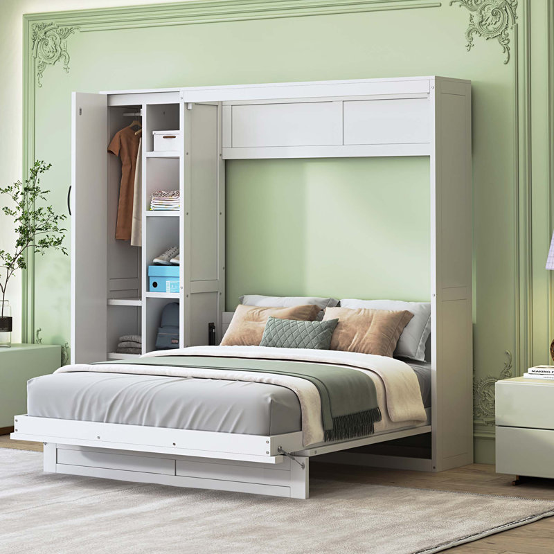Lit escamotable double pleine grandeur avec tablettes, garde-robe et lumières DEL, blanc