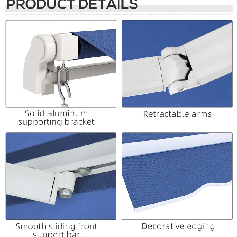 12' X 10' Retractable Yard Awning, Manual Crank, & Water- 280g/m² Fabric, Aluminum Frame, Dark Blue For Deck, Balcony, Patio Deck Frame Diverse Surfaces,