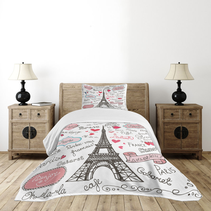 Twin White Quilted Bedspread Set with Paris Design