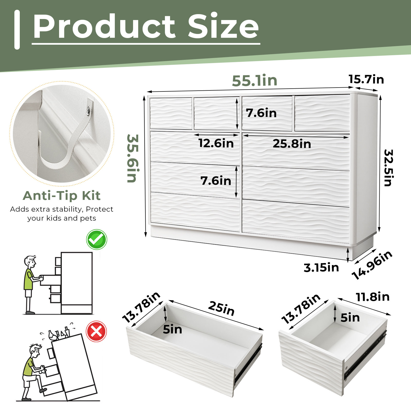 Ebern Designs Wood 10 Drawer Dresser With Curved Profile Design, Wide ...