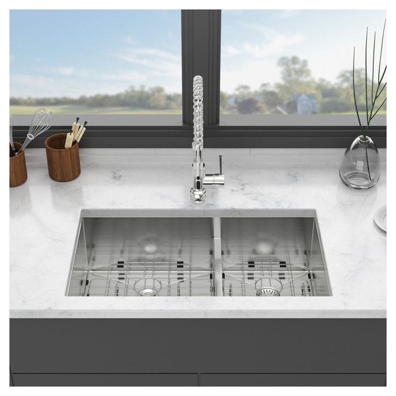 Évier de cuisine double cuve encastré sous plan 36 po x 19 po - Acier inoxydable T304 de calibre 16 avec séparation 60/40 et séparateur bas