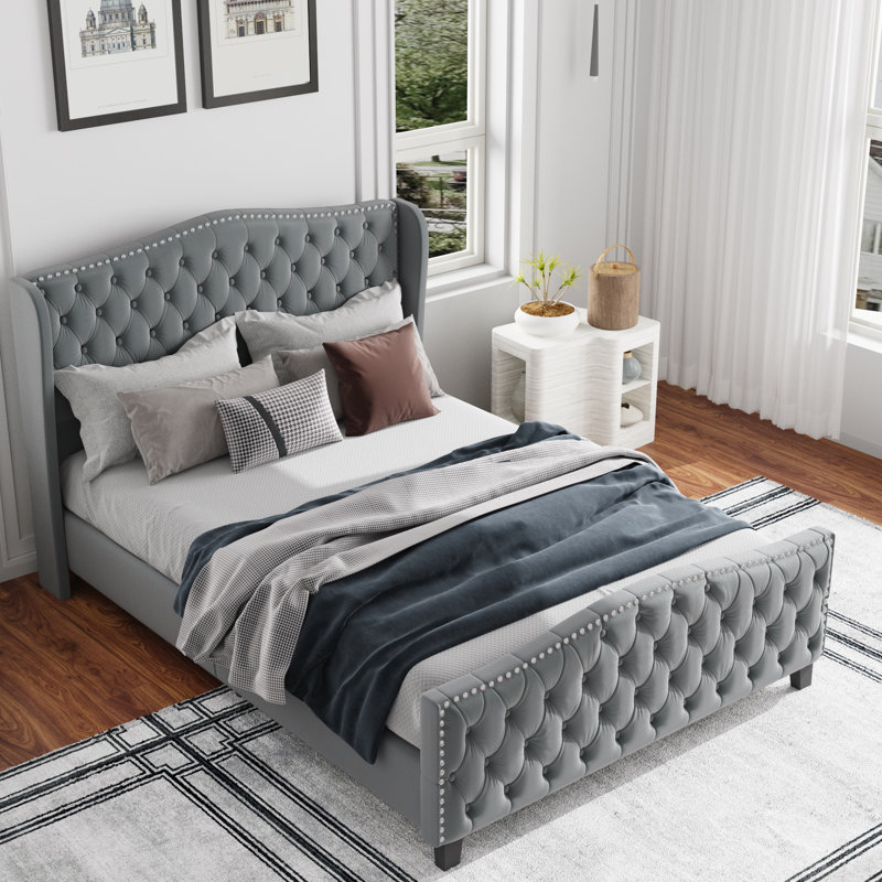 Mieya Velvet Upholstered Platform Bed Frame with Button Tufted Wingback Headboard and Footboard, Queen, Dark Gray