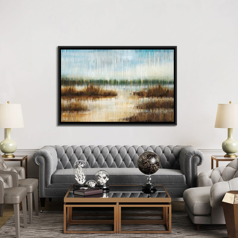 « early matinée brume », reproduction sur toile, H 18 po x l 26 po x P 1,5 po, Toile avec cadre noir, Pas de tapis