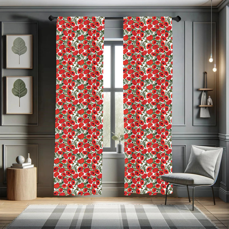 Red Poppy Floral Polyester Room-Darkening Curtain Panels