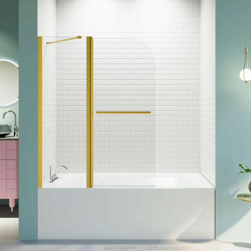 43 In. W * 58 In. H Frameless Folding Shower Doors For Bathtub, 1/4" (6Mm) Thick Sgcc Tempered Glass Door, Bathroom Pivot Tub Glass Door, Brushed Gold