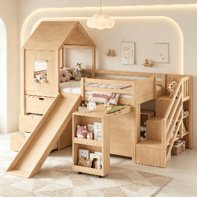 House Loft Bed, Playhouse Loft Bed with Integrated Storage Drawers, Open Stair Shelves and Pull Out Desk, Kids Low House Loft Bed with Slide and Play Window, Wooden Playhouse High Loft Bed for Room Apartment