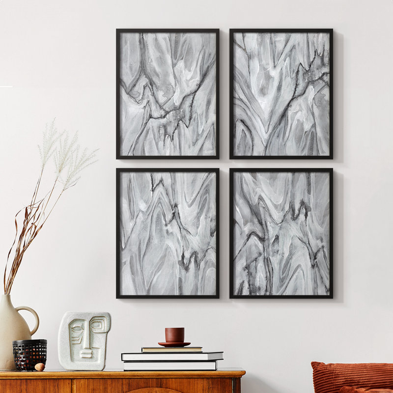 Marbré blanc I, reproduction encadrée - ensemble de 4, H 14 po x l 44 po, Noir
