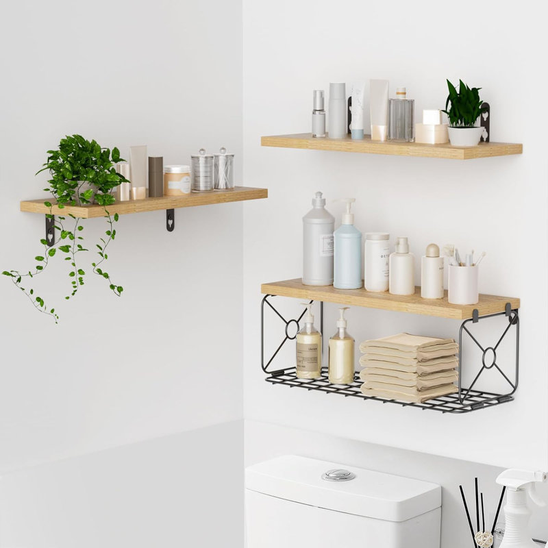 Floating Shelves Set of 3, Rustic Mounted Shelf with Metal Basket, Wall Shelves, Natural