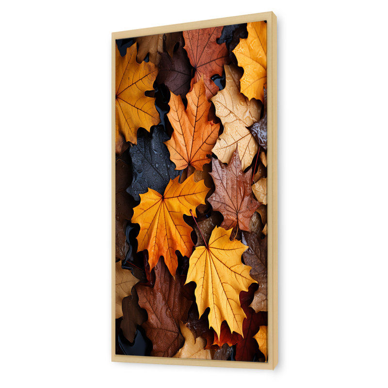 «Yellow and Orange Autumn Mapple Leaves 1» - art mural feuilles, Cadre flottant brun, H 60 po x l 28 po x P 1,5 po