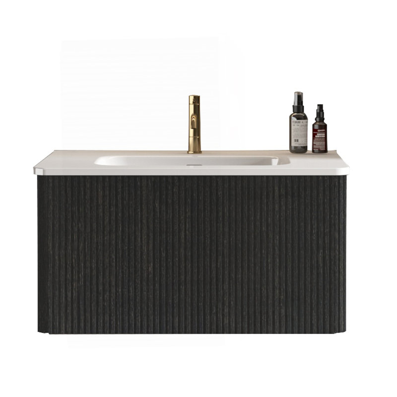 Etna 30" Striped Brushed Black Oak Floating Bathroom Vanity With White Ceramic Sink, Bathroom Vanity For Modern Bathroom, One-Piece White Basin Without Drain, Pre-Assembled
