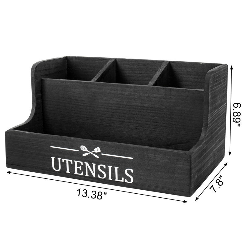 Très grand porte-ustensiles de cuisine 4 compartiments, organisateur d'ustensiles en bois pour comptoir de cuisine, porte-ustensiles de cuisine de ferme avec espace de rangement pour épices (noir)
