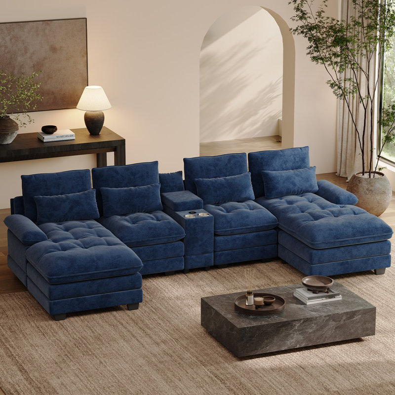 Canapé modulaire surdimensionné en U de 4 pièces de 134 po avec console et porte-gobelets, Bleu