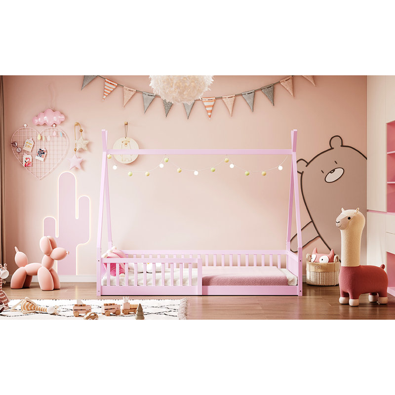 Lit simple en bois avec clôture rose - Fabrication en pin robuste pour l'accessoire de chambre à coucher, Pink