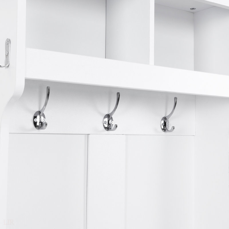 Arbre d'entrée minimaliste avec armoire et 6 crochets, banc de rangement multifonctionnel pour petits espaces, Blanc