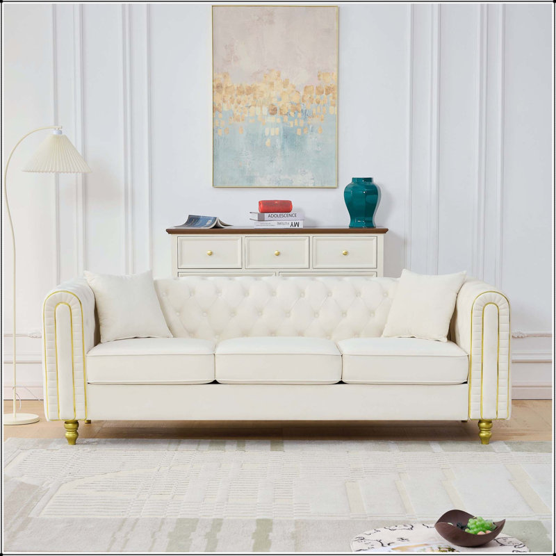 Canapé capitonné 86 po à 3 places avec pieds dorés, style Chesterfield, Velours beige