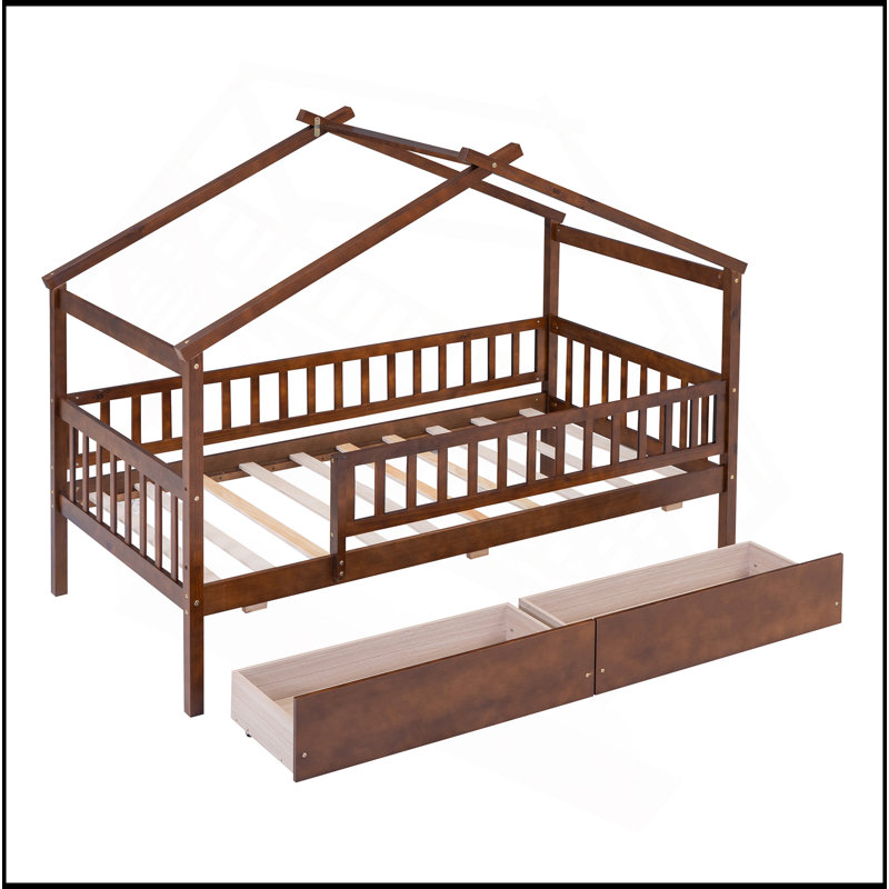 Lit en bois avec deux tiroirs, Walnut
