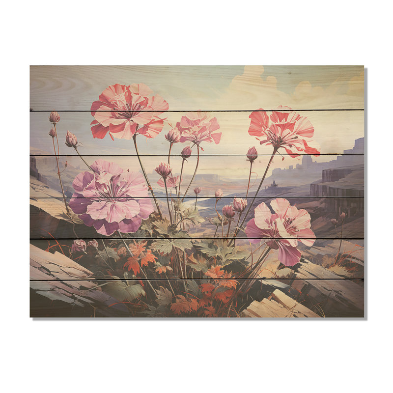 Montagne, fleur de géraniums, art mural sur bois de pin naturel, H 10 po x l 20 po